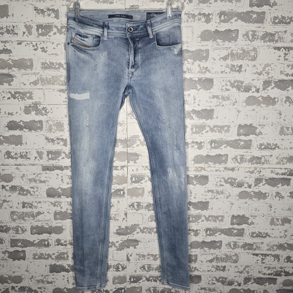 Diesel Sleenker Jeans Mens 32x34 Light Blue Wash Stretch Denim Distressed Skinny
